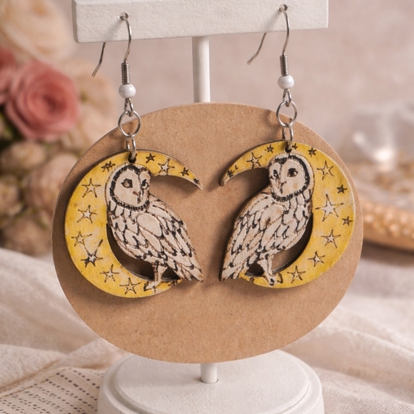 Jewelry - Hand-Painted Owl Crescent Moon Earrings